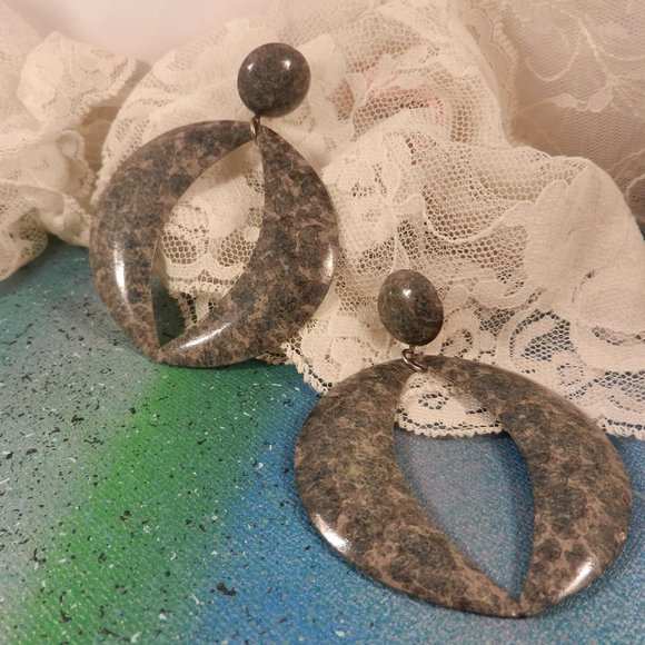Vintage Jewelry - VTG Contempo hoop pierced earrings large drop and dangle green gray camo grunge
